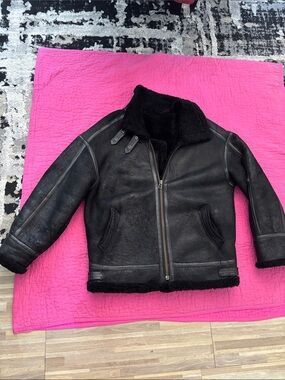 Black genuine leather Shearling Bomber Jacket - Men, M